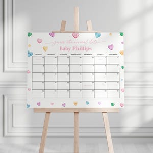 Little Sweetheart Baby Shower Guess the Due Date Calendar Game Sign Template for Pink Girl Valentine Baby Shower Arrival | CARYS Collection
