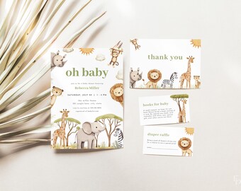 May include: A set of printable baby shower cards featuring a jungle animal theme. The cards depict a giraffe, elephant, lion, rhino, zebra, and monkey. The text on the cards reads "oh baby", "thank you", "books for baby", and "diaper raffle".
