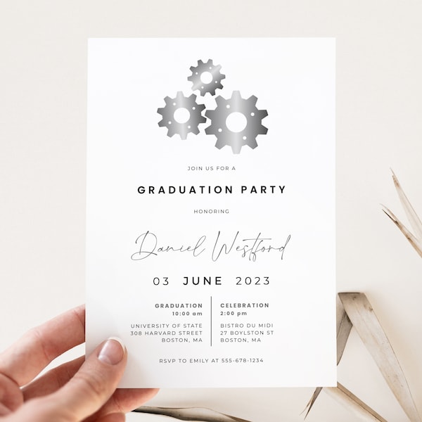 Modern Mechanical Engineer School Graduation Party Invitation Template | VEDA Collection