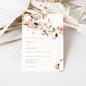 Pink and Peach Summer Floral Wedding Invitation Template | MOMO Collection