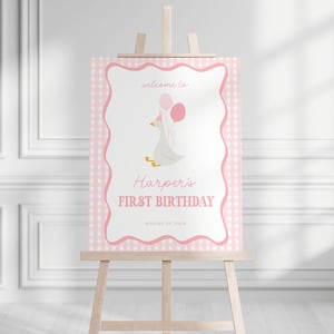 Pink One Silly Goose 1st Birthday Welcome Sign Template for Girl Pink Gingham One Silly Goose Birthday Welcome Poster | BURDETT Collection
