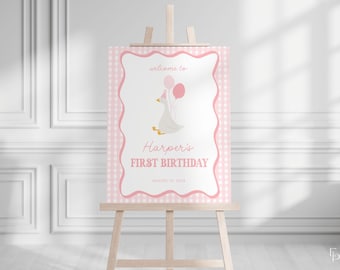 Pink One Silly Goose 1st Birthday Welcome Sign Template for Girl Pink Gingham One Silly Goose Birthday Welcome Poster | BURDETT Collection