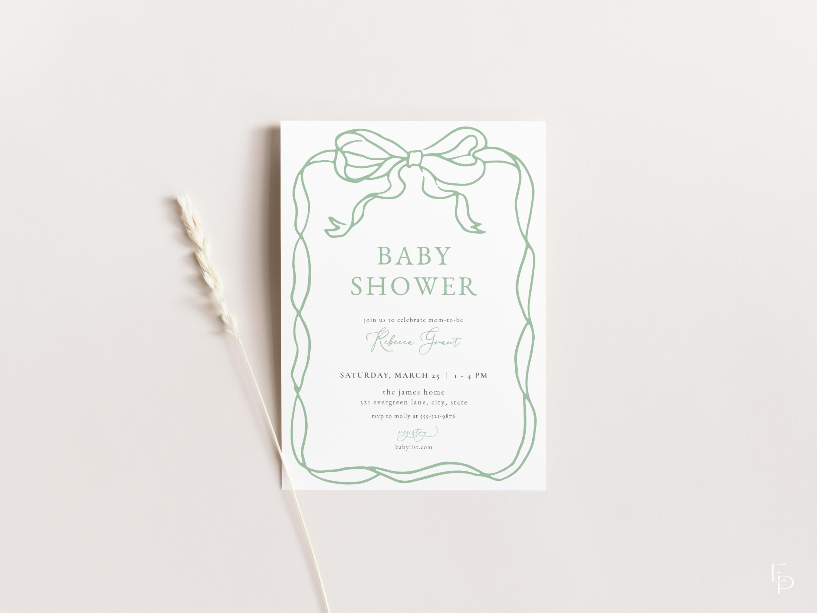 Green Bow Baby Shower Invitation Template for Classic Hand Drawn Ribbon ...