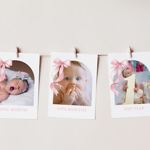 Pink Bow Birthday Photo Banner Template for Girl 1st Birthday Pink Coquette Bow Birthday 5x7 Photo Banner Decoration | ISABELLA Collection