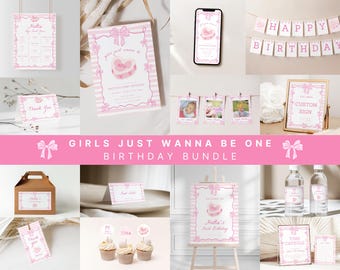 Girls Just Wanna Be One Birthday Bundle Template Editable Pink Coquette Bow Cake Girl 1st Birthday Invite Download | CINDY Collection