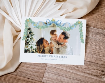 Christmas Garland Photo Holiday Card Template Editable Landscape Blue Green Family Photo Christmas Card Digital Download | ASENA Collection