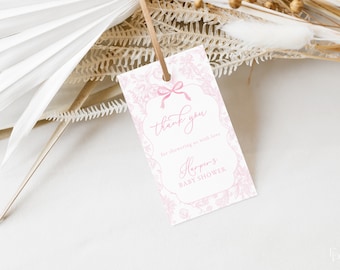 Pink Toile De Jouy Baby Shower Favor Tag Template for Girl Vintage Bow Chinoiserie Baby Shower Tags | ADALINE Collection