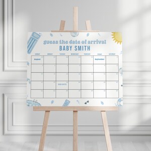 Blue Splish Splash Baby Shower Guess the Due Date Calendar Game Sign Template , Summer Boy Pool Party Baby Shower Arrival | MIRRI Collection