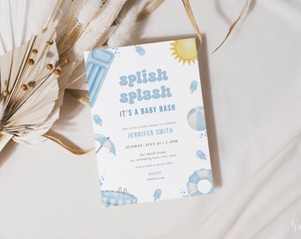May include: A blue and white baby shower invitation with the text "Splish Splash It's a Baby Bash" and a sun, beach ball, and pool float illustrations.