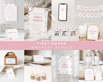 First Rodeo Birthday Bundle Template for Wild West Pink Cowgirl Girl 1st Birthday Invitation Bundle Set | ANNIE Collection