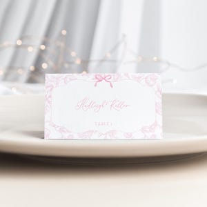 Pink Toile De Jouy Place Card Template for Pink Chinoiserie Bridal Shower Name Card or Buffet Card | ADELE Collection