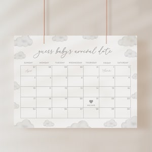 Oh Baby Modern White Cloud Baby Shower Guess the Due Date Calendar Game Sign Template | ANAN Collection