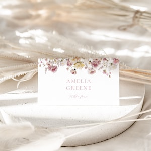 Wildflower Love in Bloom Place Card Template for  Pink & Yellow Garden Party Bridal Shower Name Card or Buffet Card | CARMELINA Collection