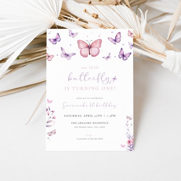 Butterfly Birthday Invitation Template for Girl 1st Birthday Party Invite with Purple and Pink Butterflies | FARASHA Collection
