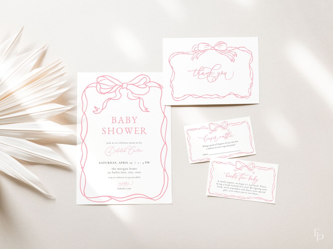Pink Bow Baby Shower Invitation Bundle Template for Classic Hand Drawn ...