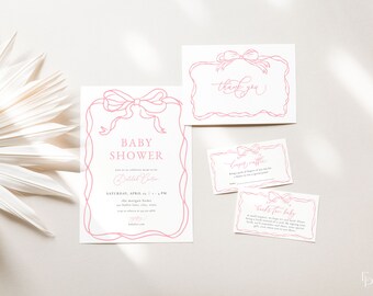 May include: Pink baby shower invitation featuring a bow and ribbon design. The invitation includes the text "Baby Shower" and the name "Olivia Carter".