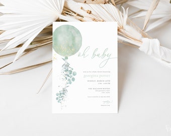 Green Balloon Baby Shower Invitation Template for Gender Neutral Baby Shower Invite | ILMARI Collection