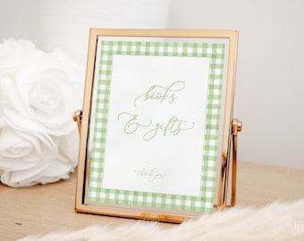 Green Gingham Books and Gifts Baby Shower Sign Template for Classic Gender Neutral Baby Shower Custom Sign | PRESTON Collection