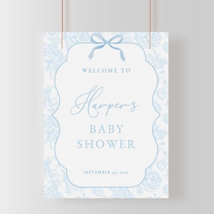 Blue Toile De Jouy Baby Shower Welcome Sign Template for Vintage Bow Chinoiserie Baby Shower Poster | ADALINE Collection