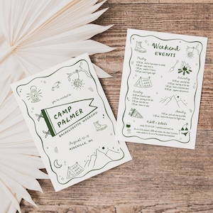Camp Bachelorette Itinerary & Invite Template for Outdoorsy Mountain Camping Granola Girl Bachelorette Weekend Invitation | AREK Collection