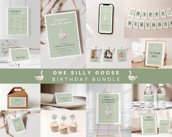 Green One Silly Goose 1st Birthday Bundle Template for Green Boy One Silly Goose First Birthday Party Invitation Bundle | GANNET Collection
