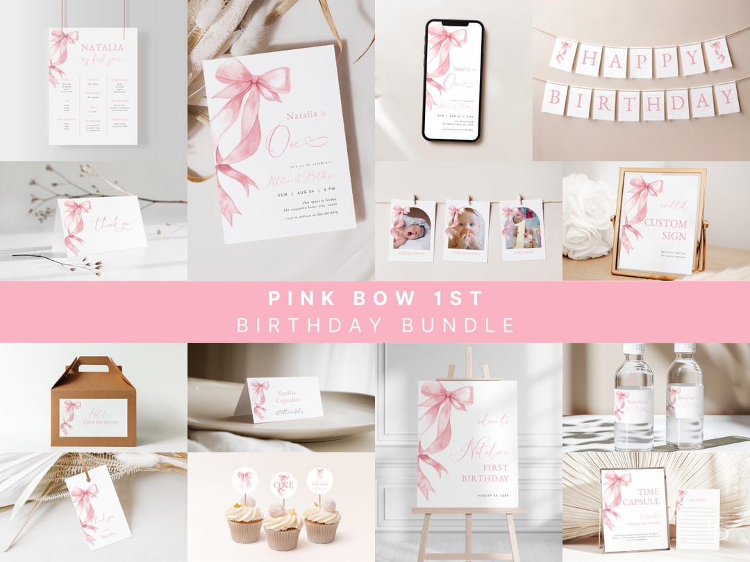 Pink Bow Birthday Bundle Template for Girl 1st Birthday Pink Coquette ...