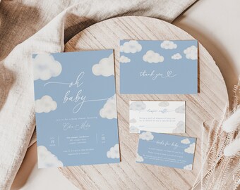 May include: A baby shower invitation with a blue sky and white clouds background. The invitation says "Oh Baby" and includes the name "Eliza Miles". The invitation also includes the date and time of the shower, as well as the location. There are also thank you cards and cards for a diaper raffle and books for baby.
