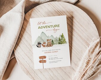 May include: A baby shower invitation with a watercolor illustration of a mountain scene with a bear, raccoon, and fox. The text reads "Let the Adventure Begin" and "Join us for a baby shower honoring Sierra Hurst".
