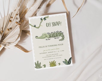 Oh Snap Crocodile Birthday Invitation Template for Party in the Swamp Chomp Alligator Birthday Invite Digital Download | CAYMAN Collection