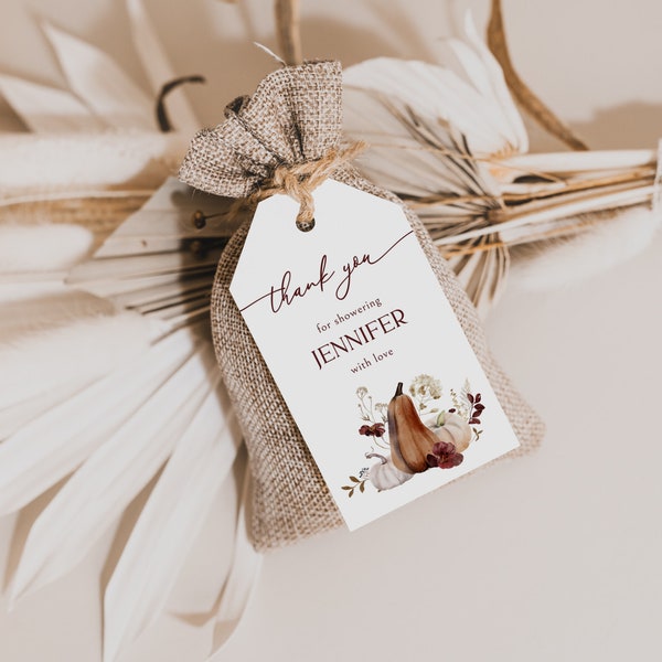 Rustic Pumpkin Autumn Fall in Love Bridal Shower Favor Tag Template | BAZIE Collection