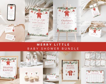 May include: A collection of baby shower decorations with a Christmas theme. Includes invitations, signs, cupcake toppers, and a diaper raffle sign. The designs feature a red onesie, snowflakes, and greenery. The words "Merry Little Baby Shower Bundle" are displayed.