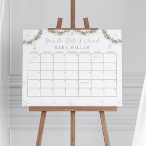 Merry Little Baby Shower Guess the Due Date Calendar Game Sign Template for Winter Christmas Baby Shower Arrival | LUCINDA Collection