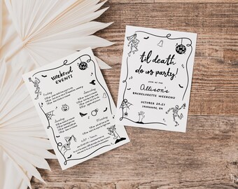 Pode incluir: Dois cartões de convite brancos com ilustrações e texto em preto. Um cartão diz "weekend EVENTS" com um cronograma. O outro diz "til death do us party!" e anuncia um fim de semana de despedida de solteira em Savannah, GA.
