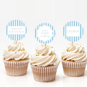 Boy Baby Shower Cupcake Topper Template for Classic Hand Drawn Blue Stripes Blue Baby Shower Cupcake Toppers | EDMOND Collection