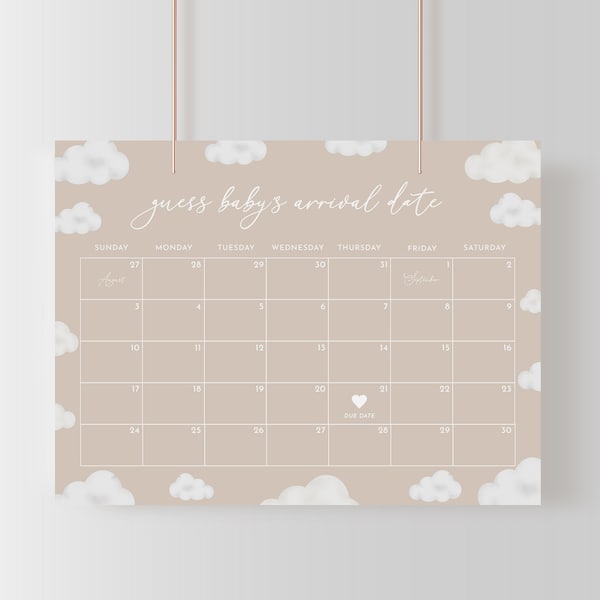 Oh Baby Modern Neutral Cloud Baby Shower Guess the Due Date Calendar Game Sign Template | ANAN Collection