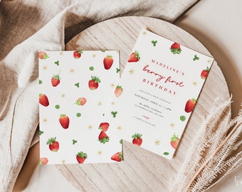 Berry First Birthday Invitation Template for Girl Strawberry 1st Birthday Invite | MAISHA Collection