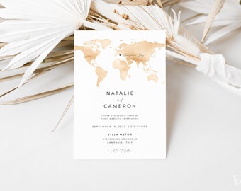 World Map Destination Wedding Invitation Template with Photo | FERNANDA Collection