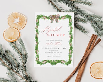 Christmas Bridal Shower Invitation Template for Red Green Plaid Bow Christmas Garland Bridal Shower Invite | SALVADOR Collection