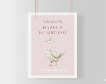 Pink One Silly Goose 1st Birthday Welcome Sign Template for Pink Goose Girl First Birthday Printable Welcome Poster | GANNET Collection