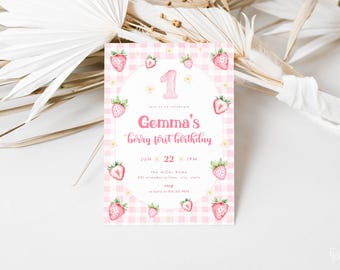 Strawberry Berry First Birthday Invitation Template for Pink Gingham Girl Daisy & Strawberry 1st Birthday Invite | MEINA Collection