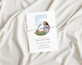 Fifth Birthday Invitation Template for Boy or Girl Minimalist Boho Photo 5th Birthday Party Invite Editable Digital | ELLIS Collection