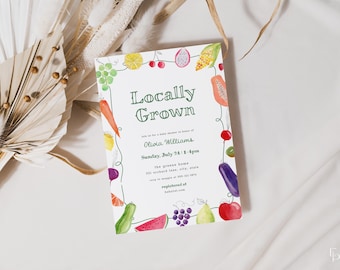 Locally Grown Baby Shower Invitation Template for Farm Fresh Organic Fruit Vegetable Farmer's Market Baby Shower Invite | GEORGIE Collection