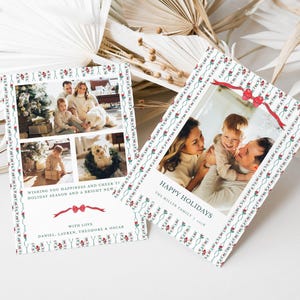 May include: Two Christmas cards with family photos and festive borders. One card features multiple photos with text: "Wishing you happiness and cheer to holiday season and a bright new..." The other card says "Happy Holidays".