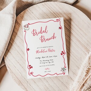 Red Whimsical Hand Drawn Illustration Bridal Brunch Invitation Template for Strawberry Bridal Shower Invite | DANICA Collection