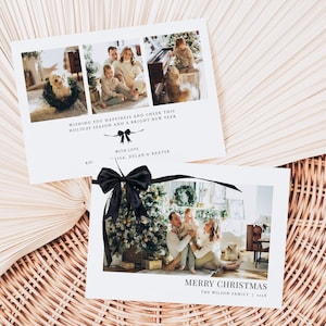 Black Coquette Bow Photo Christmas Card Template for Landscape Two-Sided Black Bow & Ribbon Family Photo Christmas Card | CORBIN Collection