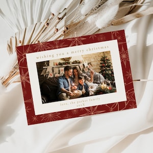 Maroon & Gold Christmas Photo Card Template for Elegant Gold Pattern Picture Holiday Card Template | HARMONIA Collection