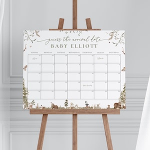 Woodland Baby Shower Guess the Due Date Calendar Game Sign Template for Forest Woodland Animals Baby Shower Arrival | ADAIR Collection