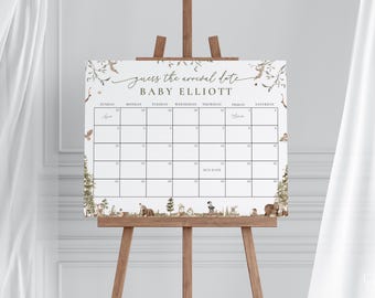 Woodland Baby Shower Guess the Due Date Calendar Game Sign Template for Forest Woodland Animals Baby Shower Arrival | ADAIR Collection