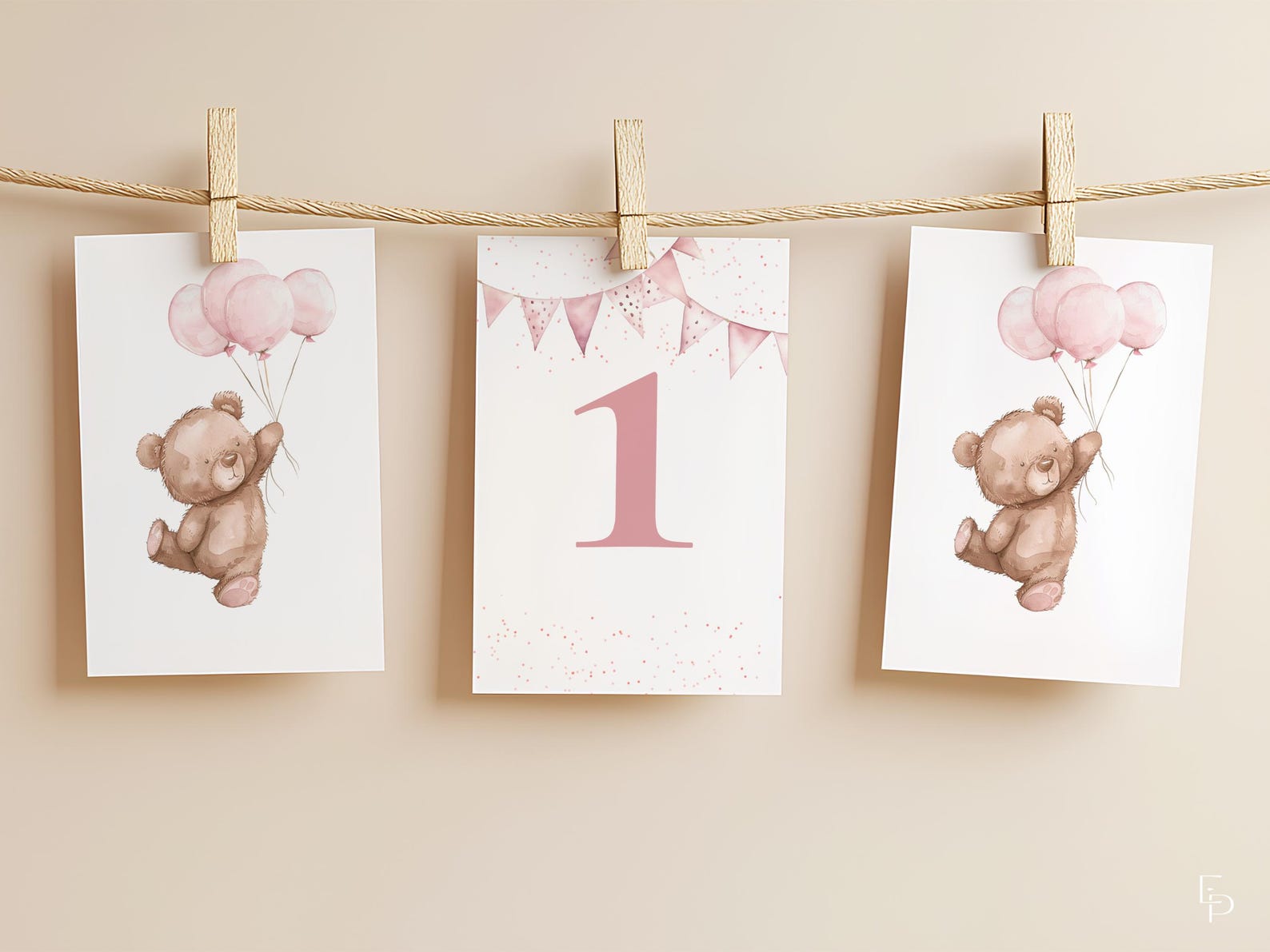 Pink Beary First Birthday Flag Banner Template for Balloons & Bear Girl ...