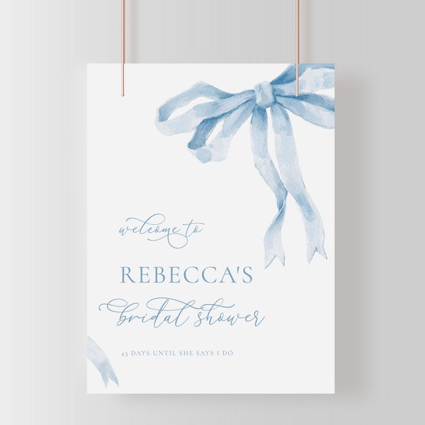 Blue Bow Bridal Shower Welcome Sign Template for Something Blue Ribbon Bridal Shower Poster | THEODORA Collection